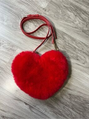 Red Heart Faux Fur Crossbody Bag - Women